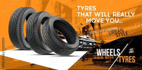 Tires piled on top of each other. Grunge style. City Style. City racing. Advertisement for sports tires. The tire of the car is on the road. Advertising for the sale of winter and summer wheels.