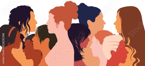 Social network community for women. Groups of multiethnic women talking and sharing ideas and information. Flat cartoon vector illustration.
