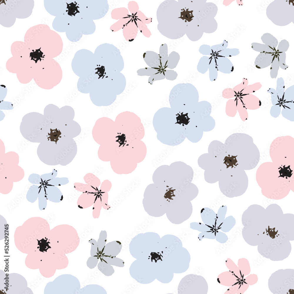 seamless plants pattern on white background with doodle flowers , greeting card or fabric