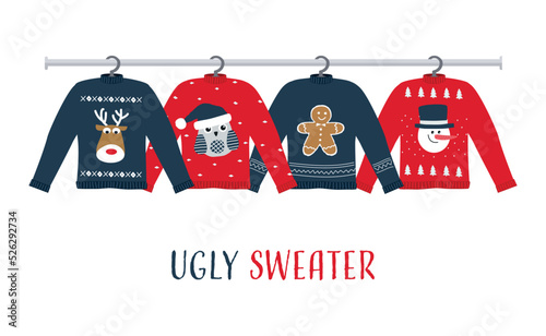 Ugly Sweaters on hangers. There are red and blue Christmas sweaters with deer, snowman, owl, gingerbread man in the picture. Vector illustration