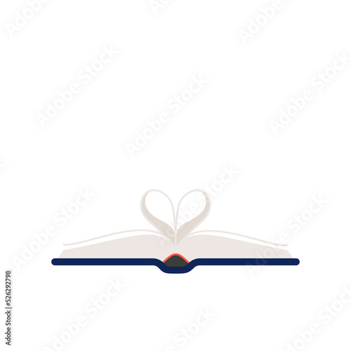 Open book with heart shaped center pages. Concept of book lover, knowledge, literature passion, love for reading. Vector illustration, flat design