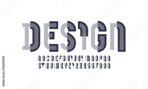Design font, black alphabet, letters and numbers made of lines and pieces, vector illustration 10EPS