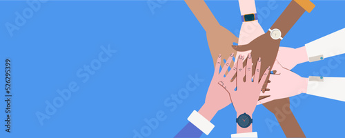Stacking hands of young business people intercultural communication, interethnic relations, politics of difference. Modern flat vector illustration horizontal.
