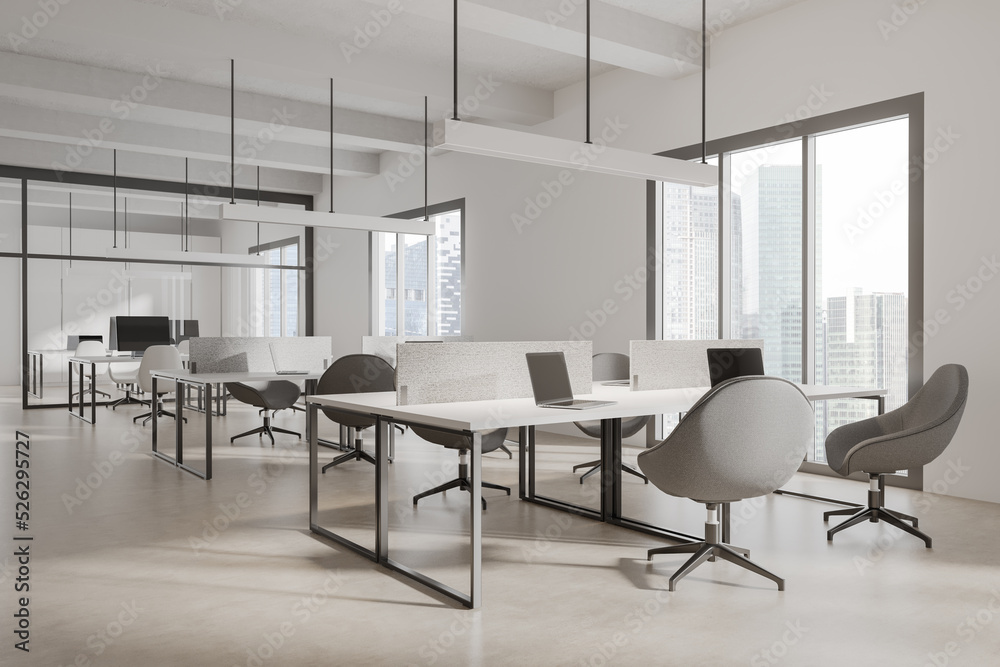 Corner view on bright office interior with panoramic windows Corner view on bright office interior with panoramic windows