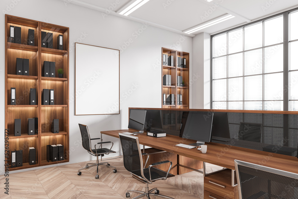 Light business interior with desktop computer and panoramic window. Mockup frame