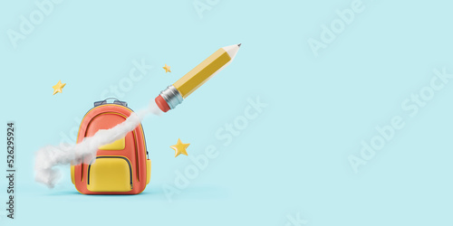 Backpack and pencil taking off, stars on blue background. Copy space