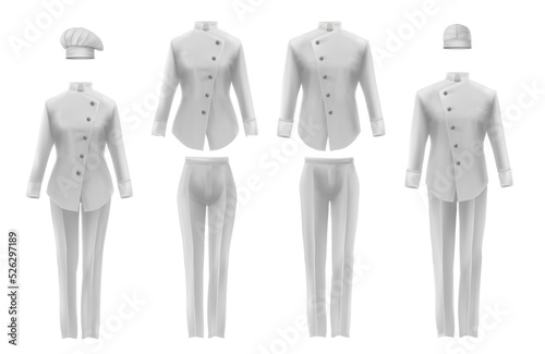 Realistic white mockup of culinary workwear clothing elements including headdress jacket trousers isolated vector illustration