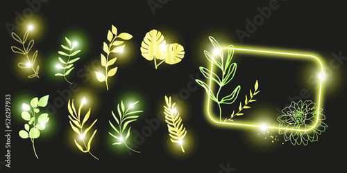 Trendy neon floral frames. Hand drawn colorful plant set modern and universally usable. Bright glowing leaves in neon light. Vector set. 