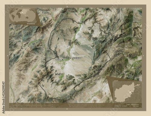 Logar, Afghanistan. High-res satellite. Labelled points of cities