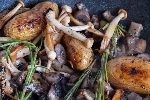 Close-up of delicious shimeji mushrooms, champions, sprigs of rosemary and oven baked potatoes served on gray plate. Excellent image for healthy food banners and advertisements.