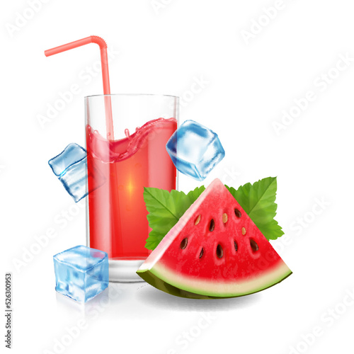 Watermelon and ice fresh cocktail. Summer refreshing drink with a slice of watermelon, glass and straw