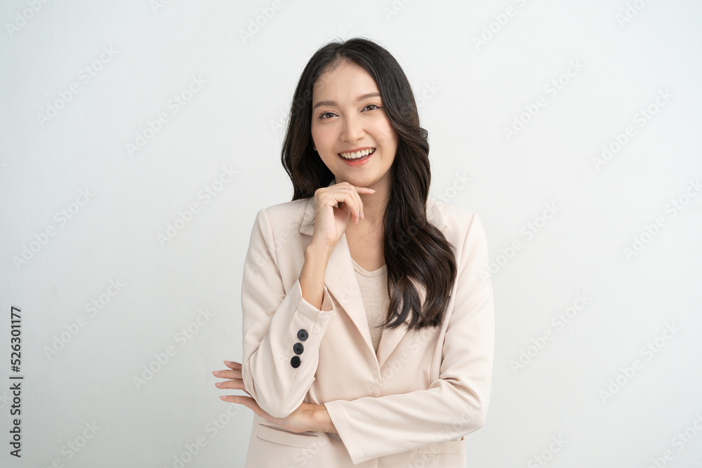 Cute asian woman in color casual dress thinking and imagination isolated on pink background Cute asian woman in color casual dress thinking and imagination isolated on pink background