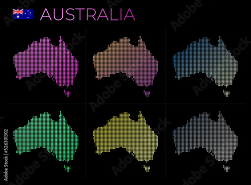 Australia dotted map set. Map of Australia in dotted style. Borders of the country filled with beautiful smooth gradient circles. Radiant vector illustration.