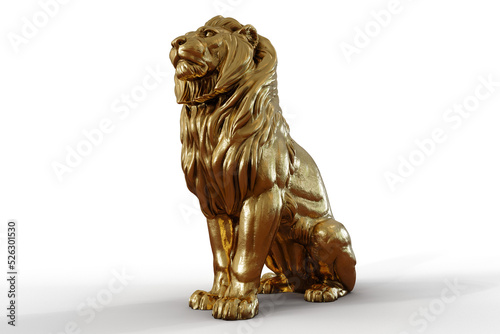 Gold Sitting Lion 3d Sculpture PNG isolate on transparent background with shadow 