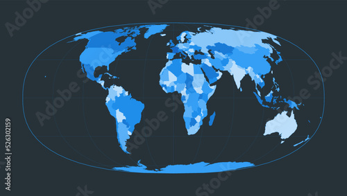 World Map. Waldo R. Tobler's hyperelliptical projection. Futuristic world illustration for your infographic. Nice blue colors palette. Captivating vector illustration.