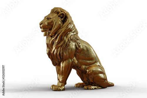 Gold Sitting Lion 3d Sculpture PNG isolate on transparent background with shadow 