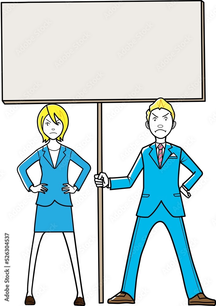 看板を持ち抵抗するビジネスマン、ビジネスウーマン