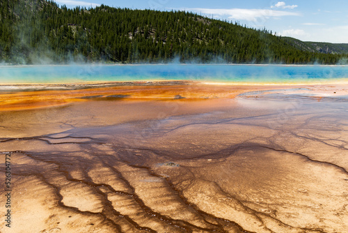 Water running off of Grand Prismatic Spring creating brown rippled landscape, Yellowstone National Park, Wyoming, USA