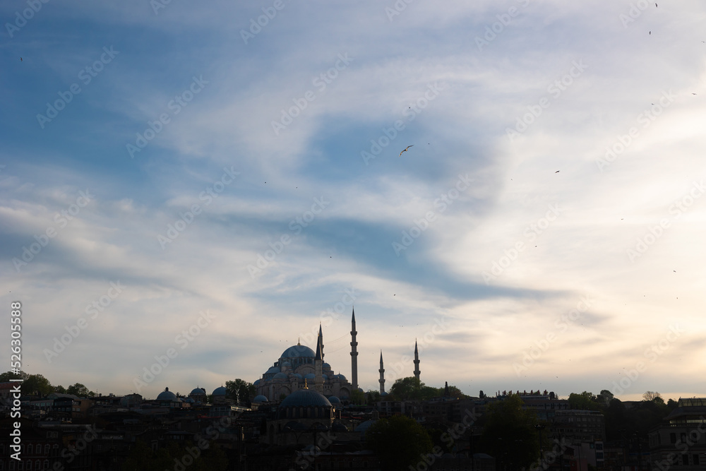 Mosque silhouette view. Suleymaniye Mosque at sunset in Istanbul