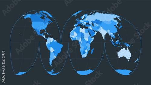 World Map. Goode's interrupted Mollweide projection. Futuristic world illustration for your infographic. Nice blue colors palette. Cool vector illustration.