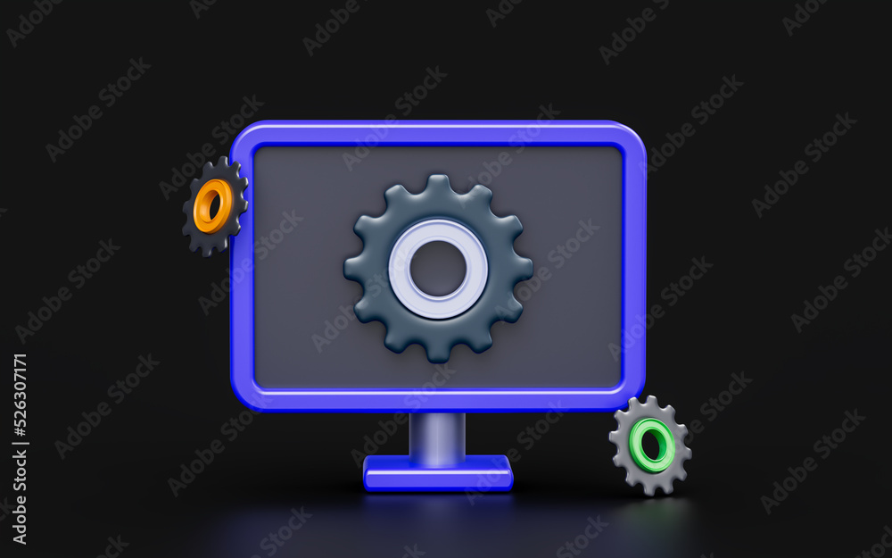 monitor with setting gear sign on dark background 3d render concept for operating system monitor with setting gear sign on dark background 3d render concept for operating system