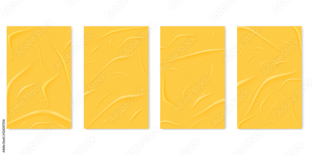 Glued paper wrinkled effect, vector realistic background. Badly wet glued paper or yellow adhesive foil with crumpled and greased wrinkles texture, isolated blank templates set
