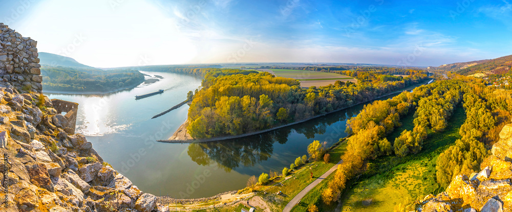 Obraz na płótnie Panoramic skyline view of Danube and Morava rivers. Confluence of two rivers. View from Devin Castle near Bratislava, Slovakia on the border with Austria w salonie