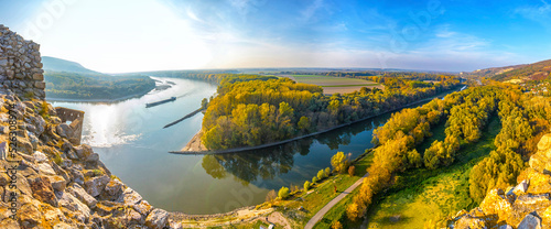 Panoramic skyline view of Danube and Morava rivers. Confluence of two rivers. View from Devin Castle near Bratislava, Slovakia on the border with Austria
