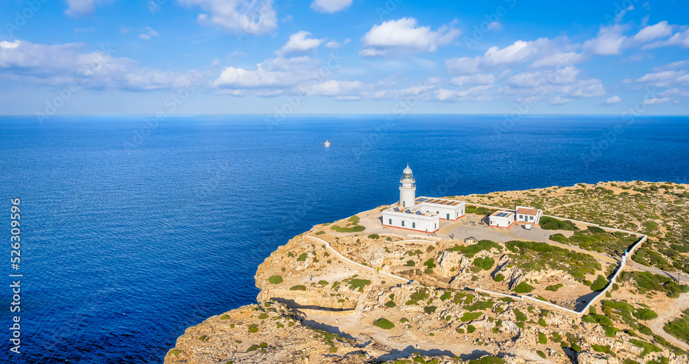Landscape with aerial view at Far de Cavalleria, Menorca island, Spain