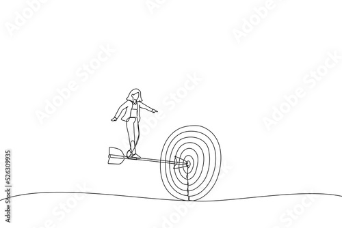 Cartoon of businesswoman standing on the arrow hit the target. the business concept of accuracy and purpose. Single continuous line art style