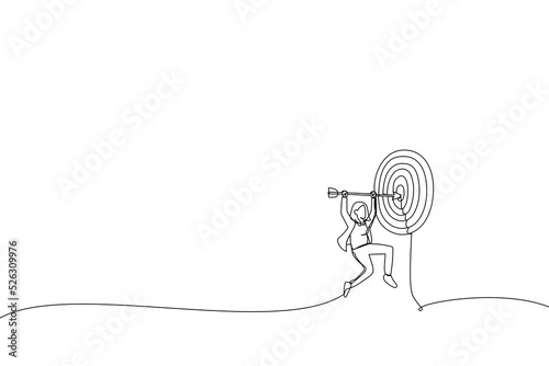 Drawing of businesswoman holds arrow that hit target or bullseye.  Metaphor for target market. Single line art style
