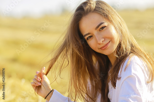 beautiful long hair brunette field summer wind, healthy long hair beautiful girl nature