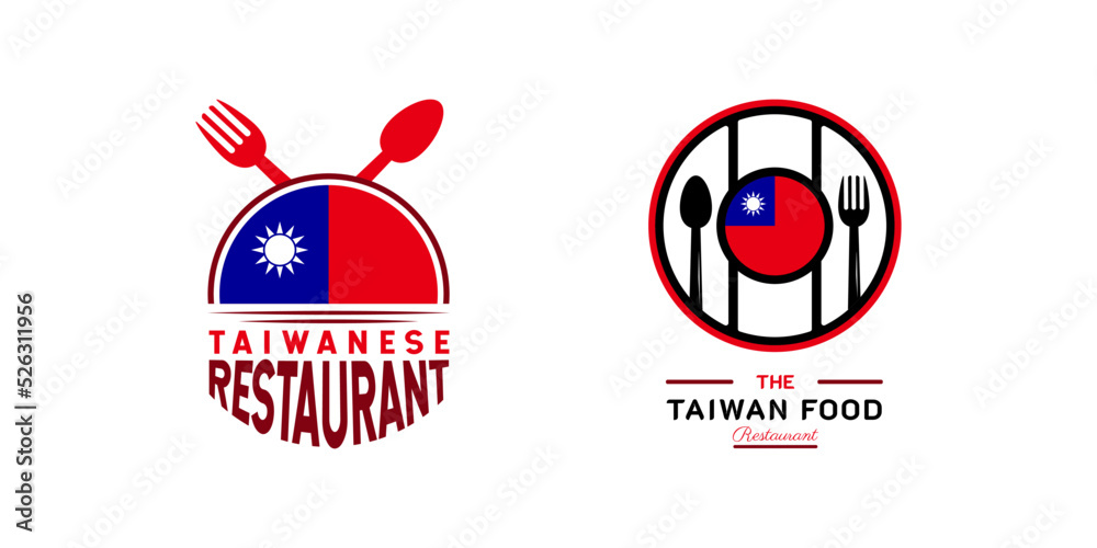 Taiwanese Food Restaurant Logo. Taiwan flag symbol with Sun, Spoon and Fork icons. Luxury and Premium Logo illustration