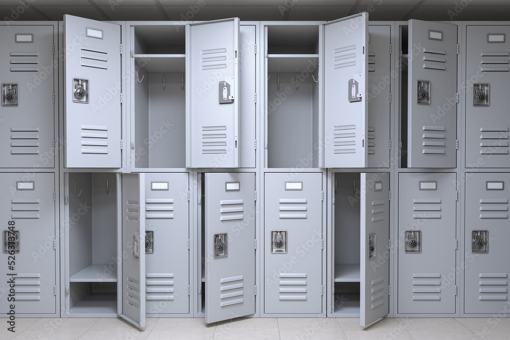 School or gym locker room with open and closed doors. Stock ...
