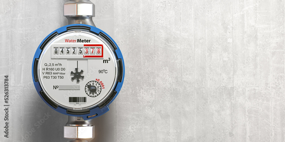 Water meter or counter on wall. Water consumption measuring. Stock