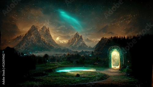 Magical portal, with mystical green light in a wooden frame