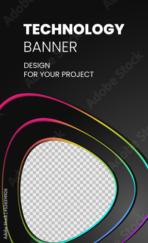 Modern technology banner in geometry style. Futuristic hi-tech colorful background. Vector illustration. Dynamic neon rainbow line abstractions for typography  design frame for social media post.