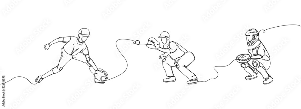 Baseball players set one line art. Continuous line drawing sport, team game, catch ball, baseball glove, protective, batter, pitcher, catcher, baseball uniform, man, leisure, hobby. Baseball players set one line art. Continuous line drawing sport, team game, catch ball, baseball glove, protective, batter, pitcher, catcher, baseball uniform, man, leisure, hobby.