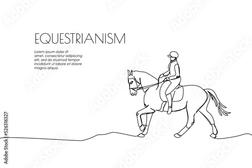 Web banner with horseback riding one line art. Continuous line drawing of promotion poster horse, rider, saddle, trot, horse racing, polo, sport, competition.