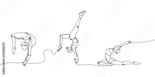 Yoga, gymnasts, acrobats, training set one line art. Continuous line drawing sports, fitness, pilates, strength, athletic, athlete, woman, gym, stretching, abs exercises, bridge exercise, workout.