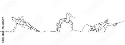 Yoga, fitness people, training set one line art. Continuous line drawing sports, fitness, pilates, athletics, strength, athletic, athlete, woman, gym, stretching, abs exercises, side plank, workout.