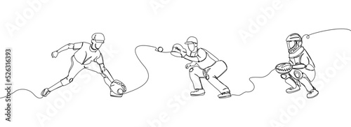 Baseball players set one line art. Continuous line drawing sport, team game, catch ball, baseball glove, protective, batter, pitcher, catcher, baseball uniform, man, leisure, hobby.