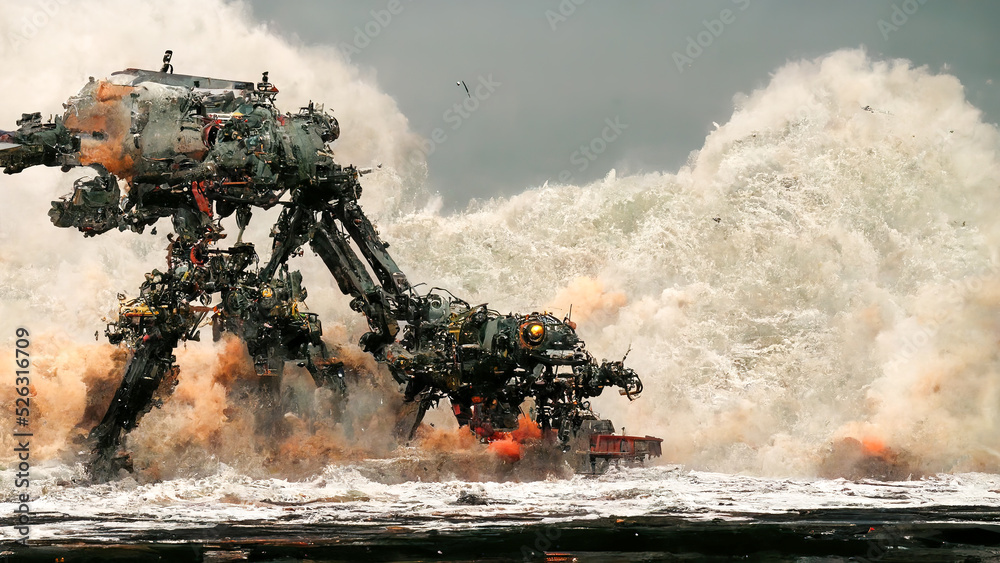 Fototapeta premium Battle robots emerge from the sea