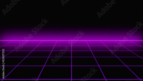 Purple retrowave animation glowing luminance laser background, abstract technology horizontal line purple light glow, galaxy geometric internet 80s style poster