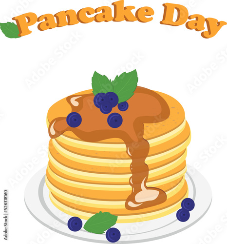 Group of stacked pancakes with berries, honey or caramel syruo on the white plate. Nice design for card invitation, for Happy Pancakes Day. Vector illustration.