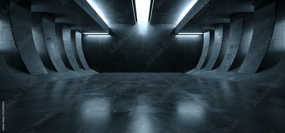 Futuristic Sci Fi Spaceship Showroom Hangar Studio Concrete Grunge Cement Asphalt Dark Realistic Basement Underground Bunker 3D Rendering - obrazy, fototapety, plakaty 