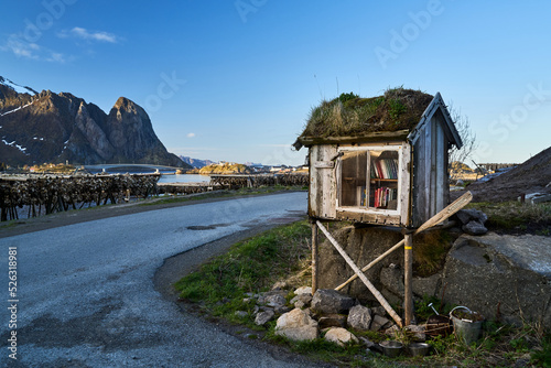 wooden book exchange house in Reine, Norway