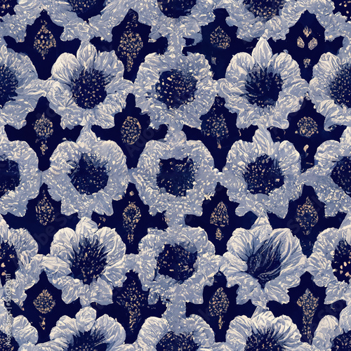 Dark blue and white floral seamless pattern with texture of Persian wool carpet. AI-generated image, not based on any actual pattern