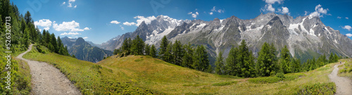 The panorama of Mont Blanc and Grand Jorasses massif from Val Ferret valley in Italy.
