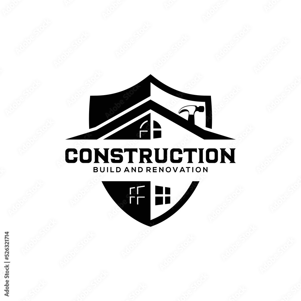 Construction logo emblem template isolated, roof, bricks, exposed wall, shield, hammer, architectural logo silhouette, property, window